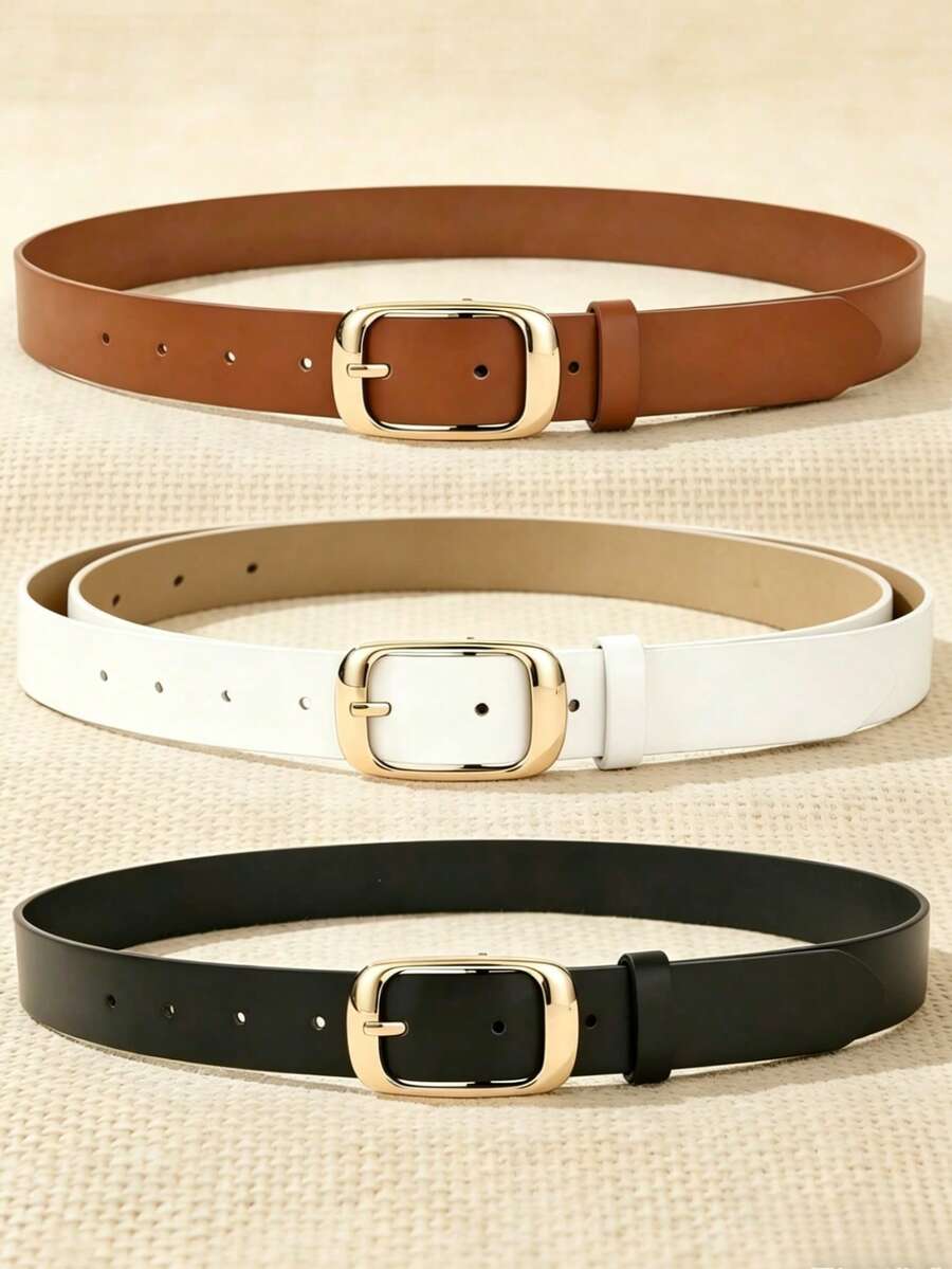 APLCSEY Set de 3 piezas/1 pieza Cinturón de mujer de piel de PU con hebilla cuadrada, minimalista, clásico, elegante, versátil, casual de moda, adelgazante, adecuado para vestidos y vaqueros, ideal para el uso diario, la oficina y a juego en todas las estaciones - Negro - Ver 1