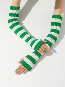 1pair Women's Striped Knitted Elbow Length Arm Warmers, Christmas GiftCold Gloves Y2k Valentines - Multicolor - View 10