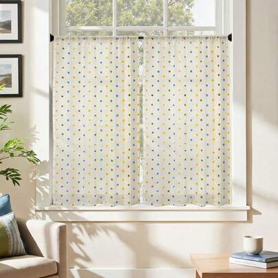 2 Stück Tüllvorhänge mit Polka Dot Pompon-Jacquard, Gardinenband oben, einfache Aufhängung, hochwertige Polyesterfaser, weich & leicht, transparent, maschinenwaschbar, europäischer Landhausstil Fenster Dekoration, geeignet für kleine Fenster, Schlafzimmer, Wohnzimmer, Küche, Büro