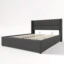 Storage Bed, Upholstered Bed, Hydraulic Double Bed 140x200cm, Wooden Slatted Base, Bed With Metal Slatted Base, Linen, Grey - Dark Grey - View 7