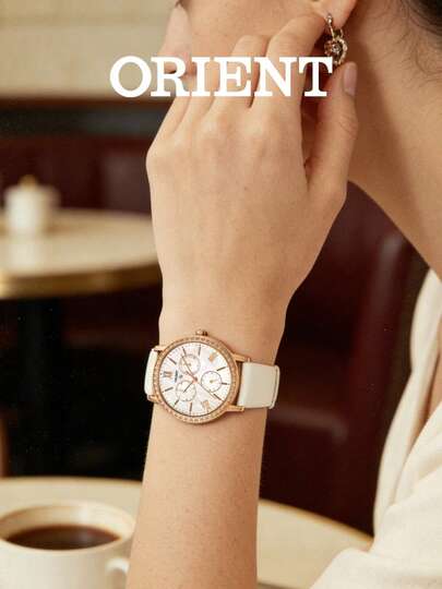 Orient Reloj de lujo para dama con esfera blanca elegante, cristal mineral, correa de acero inoxidable, adecuado para regalos de negocios y ocasiones de moda, movimiento de cuarzo, resistente al agua 3ATM