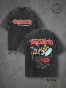 Vons Dutchs Originals Double-Sided Print Washed-Shirt, Flying Eyeball & Tiger Retro Kustom Kulture Graphic Tee, Premium Cotton Vintage Streetwear, High Quality-Shirt, Classic Washed Shirt, Washed Cotton-Shirt, Casual Style, Choice, Comfortable, Fashion Street Style Cotton-Shirt. Casual Short-Sleeve-Shirts Men And WomenCute & Casual Unisex-Shirts, Premium Fabric - 黑色 - 查看 1