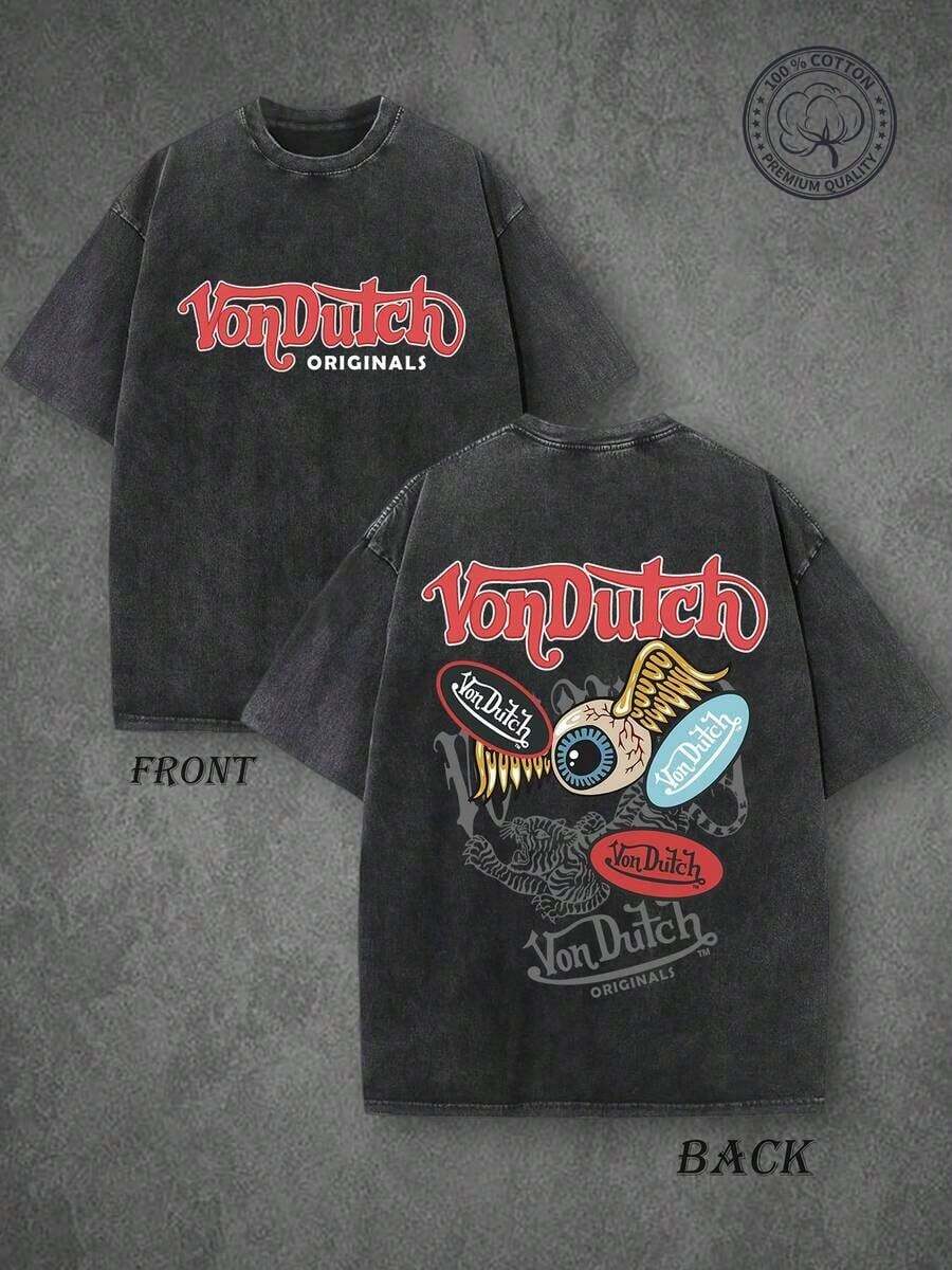 Vons Dutchs Originals Double-Sided Print Washed-Shirt, Flying Eyeball & Tiger Retro Kustom Kulture Graphic Tee, Premium Cotton Vintage Streetwear, High Quality-Shirt, Classic Washed Shirt, Washed Cotton-Shirt, Casual Style, Choice, Comfortable, Fashion Street Style Cotton-Shirt. Casual Short-Sleeve-Shirts Men And WomenCute & Casual Unisex-Shirts, Premium Fabric - 黑色 - 查看 1