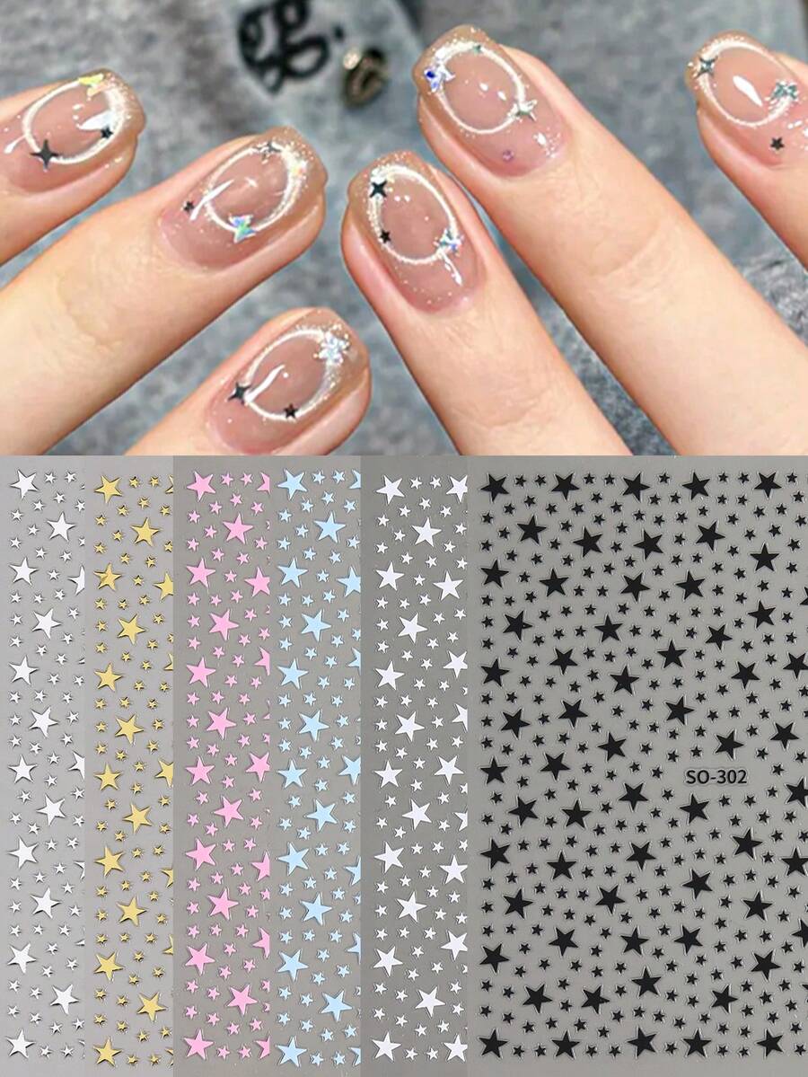 Pegatinas de uñas con estrellas metálicas doradas y plateadas estilo Y2K, disponibles en colores negro, blanco, rosa y azul con brillo autoadhesivo, tanto en colores metálicos como neón. Estas decoraciones de uñas son perfectas para manicuras, fiestas y eventos. - Multicolor - Ver 1