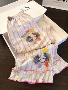 Conjunto de pijama de mujer con manga corta y volantes, ajuste holgado y estampado aleatorio para uso en casa - Gris - Ver 7