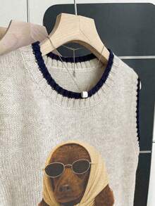 Áo tank top không tay cổ tròn mới cho nữ mùa Thu/Đông, in hình chú chó Dachshund cá tính đội khăn trùm đầu và đeo kính thời trang, áo tank top màu kaki phối len dệt kim tương phản, áo len dệt kim dáng rộng cho nữ sinh, áo khoác ngoài thường ngày cho nữ mùa thu, mặc hàng ngày, tốt nghiệp mùa hè. - Nhiều màu - Xem 4