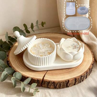 Bộ 3 khuôn silicon, bao gồm khuôn hũ đựng đồ kẻ sọc, khuôn giá nến hình hoa sen, khuôn khay hình bầu dục, thích hợp cho việc tự làm đồ thủ công bằng nhựa epoxy, thạch cao, bê tông - Vật liệu làm đồ trang trí nhà cửa
