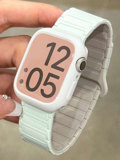 1Set Two-Color Magnetic Buckle Silicone Strap + Watch Case Compatible With Apple Watch Band 46mm 38mm 40mm 41mm 42mm 44mm 45mm 49mm Cute Girl Candy Color Wristband With Protective Cover Compatible With IWatch Series 11 10 9 8 7 6 5 SE Ultra 2