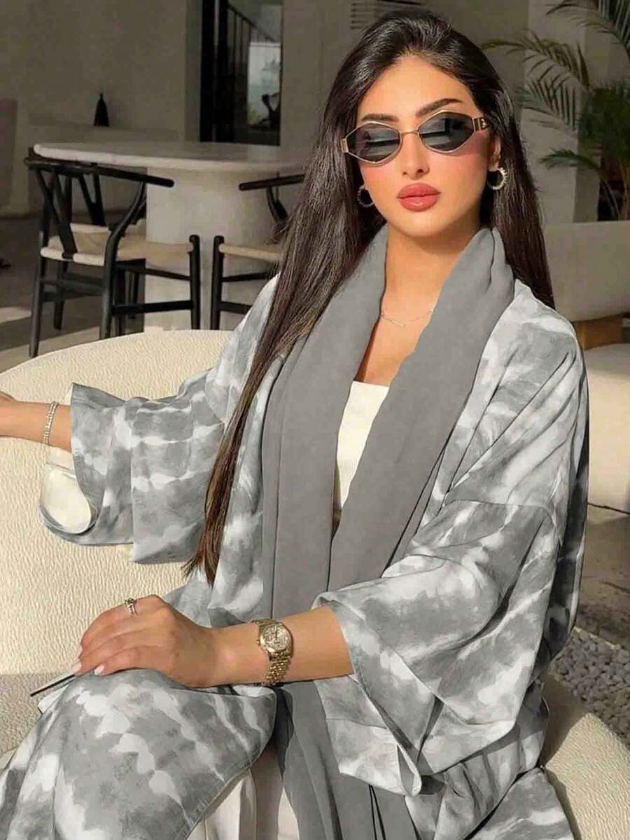 1pc Elegant Classic Printed Women's Abaya Robe, Radiating Graceful Elegant. Suitable For All Seasons And Different Cultural Events, Also Suitable For Daily Matching, Gatherings, Festivals And Outings, Reflecting Fashionable Style. Spring - Light Grey - View 1
