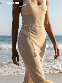 [Celebrity Same Style] Gold Y-Shaped Tassel Waist Chain For Women, Metal Chain Belt, Waist Cincher For Dresses, Elegant Vacation Style, Beach Photo Accessory - Gold - View 3
