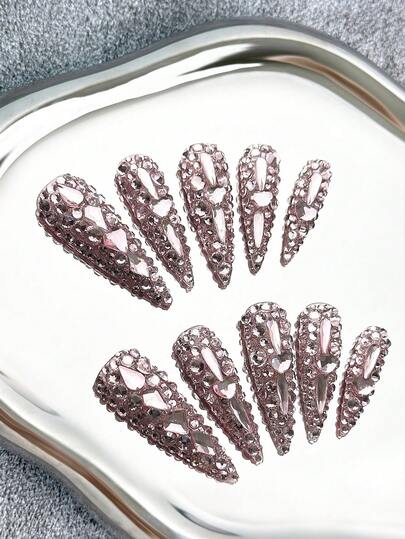 Y2K Luxury 45mm Extra Long Pointed Full Rhinestone Handmade Fake Nails, Handcrafted 3D Fully Covered Sparkling Rhinestone Design, Shiny, Glamorous Rhinestone Decor, Elegant, Versatile, Suitable For Weddings, Parties, Outdoor, Beach, Daily, Holidays, Gatherings, Work And Special Occasions - 10pcs/Pack
