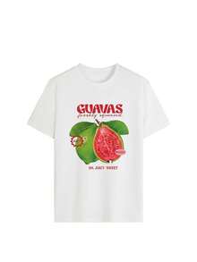 Women's Reversible Short-Sleeve T-Shirt With Guava/Chili Fruit Print, Casual Vintage Style With Fruit And Vegetable Theme, Loose Fit, Slimming Effect, Comfortable And Breathable, American Retro Style For Vacation, Women's T-Shirt, Perfect For Beach Vacations, Summer Outings, Girls' Meetings, Daily Wear, Music Festivals, Summer Outfits, Y2K Summer Printed Women's T-Shirts. - 白色的 - 查看 2