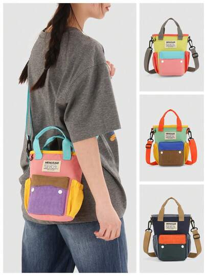 1pc Unisex Contrast Color Nylon Zipper Closure Casual Tote Bag Crossbody Bag, Lightweight Outdoor Hiking Bag, Suitable For All Seasons Daily Use