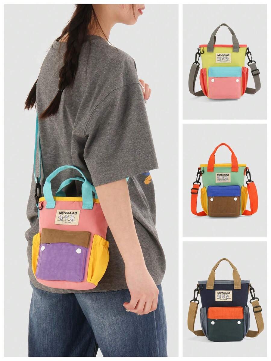 1pc Unisex Contrast Color Nylon Zipper Closure Casual Tote Bag Crossbody Bag, Lightweight Outdoor Hiking Bag, Suitable For All Seasons Daily Use - A - View 1