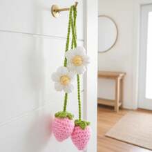 2pcs Handmade Crochet Strawberry Flower Car Rearview Mirror Pendant - Cute And Decorative Car Accessory, Suitable For Women And Teenagers - Pink - View 8