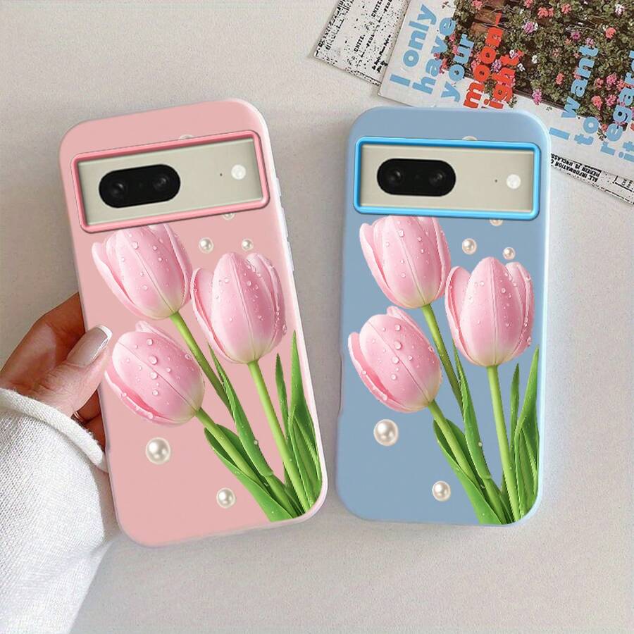 スマホケース： Pixel 8A/8 Pro/8/7a/7 Pro/7に適したTPU+PP作る2-in-1マカロンカラーのゼリーのような筋肉のタッチりのケース、高級感のあるスタイリッシュな軽量保護カバー、ピンクのチューリップ柄 - ブラック - チェックする 1