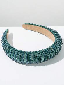 1 peça de tiara de cabelo coreana elegante, de cor sólida, feita à mão com miçangas e cristais; acessório de cabelo brilhante de alta qualidade, elegante e versátil, com coroa alta e esponja. - FG582-Verde - Ver 3