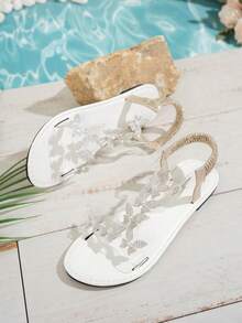 1 Pair Women's Wide Fit Rhinestone Butterfly & Pearl Decor Transparent PVC Non-Slip Toe-Ring Flat Sandals, European And American Luxury Beach Slippers For Summer Vacation - White - View 6