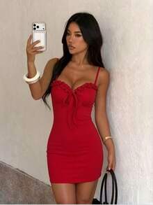 1 pieza Nuevo vestido de verano de un solo color con tirantes de espagueti, vestido mini elegante rojo, adecuado para la playa, vacaciones y ocasiones de cita - Rojo - Ver 3