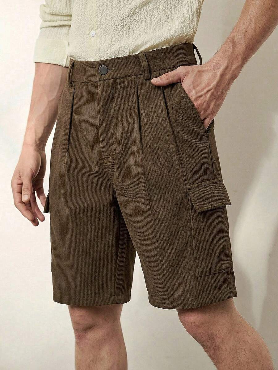 Men's Corduroy Shorts, Lightweight Business Casual Bermuda Pants, Ribbed Texture Big Pockets Cargo Shorts, Suitable For Casual, Daily Commute, Light Business Occasions, Gift - Brown - View 1