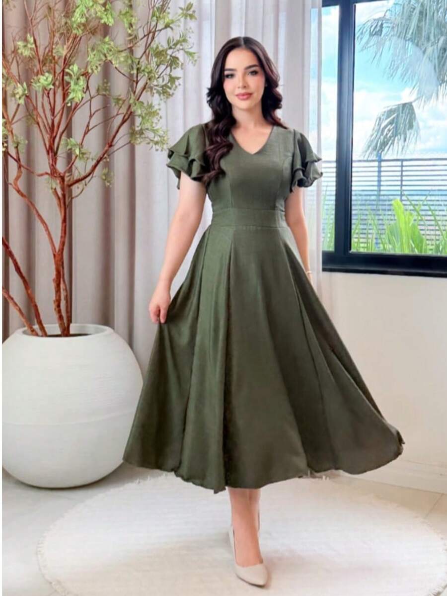 Women's Dress Casual Elegant Party DOBLE MANGA - xanh quân đội - Xem 1