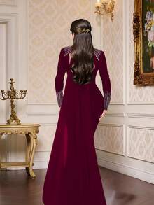 Elegante vestido de fiesta de cumpleaños o boda con mangas largas y cristales brillantes para mujer - Burdeos - Ver 4