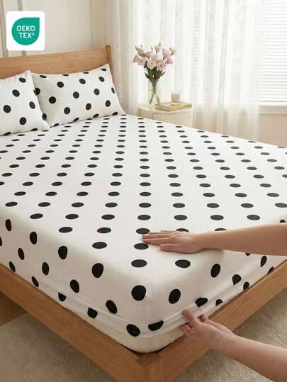 1 bộ ga trải giường chấm bi đen trắng, đồ dệt gia dụng, ga trải giường ôm sát nệm, tấm bảo vệ nệm, tấm phủ giường, đồ dệt gia dụng mềm mại, phù hợp với nệm dày 9 inch, mềm mại, không bao gồm gối và vỏ gối, không nhăn, thoáng khí và thoải mái, phù hợp với mọi kích cỡ giường, cần thiết cho phòng ngủ gia đình và ký túc xá sinh viên, trang trí phòng ngủ, bộ đồ giường, bộ đồ giường mềm mại, quà tặng cho phụ nữ, bộ đồ giường cỡ King, bộ đồ giường đôi, có thể giặt máy, chứng nhận Oeko-Tex
