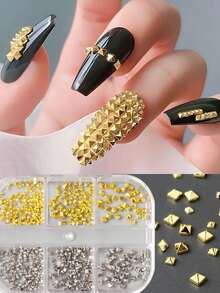 6 Grids Box Punk Gothic Metal Nail Rivets, Mini Gold Silver Nail Art Supplies - Multicolor - View 1