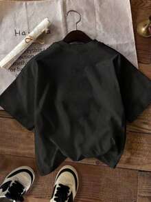 Camiseta suelta de manga corta, cuello redondo, de algodón puro, de estilo callejero, cómoda y de moda, con estampado de letras, para mujer en verano, color negro - Negro - Ver 2