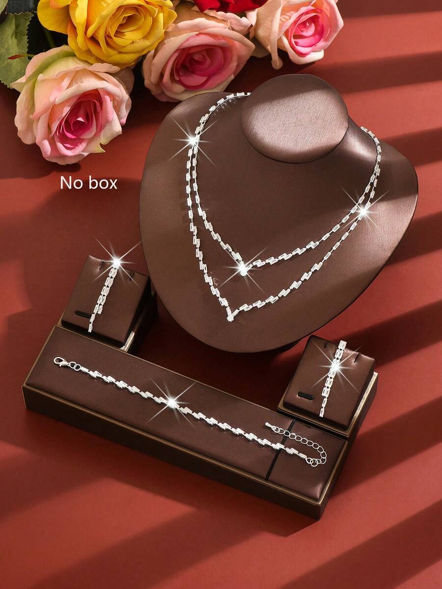 Bộ trang sức pha lê lấp lánh 4 món | Dây chuyền cổ chữ V + Vòng tay + Khuyên tai dáng dài | Chất liệu đồng | Thích hợp cho tiệc cocktail | Quà tặng kỷ niệm ngày Valentine - Bạc - Xem 1