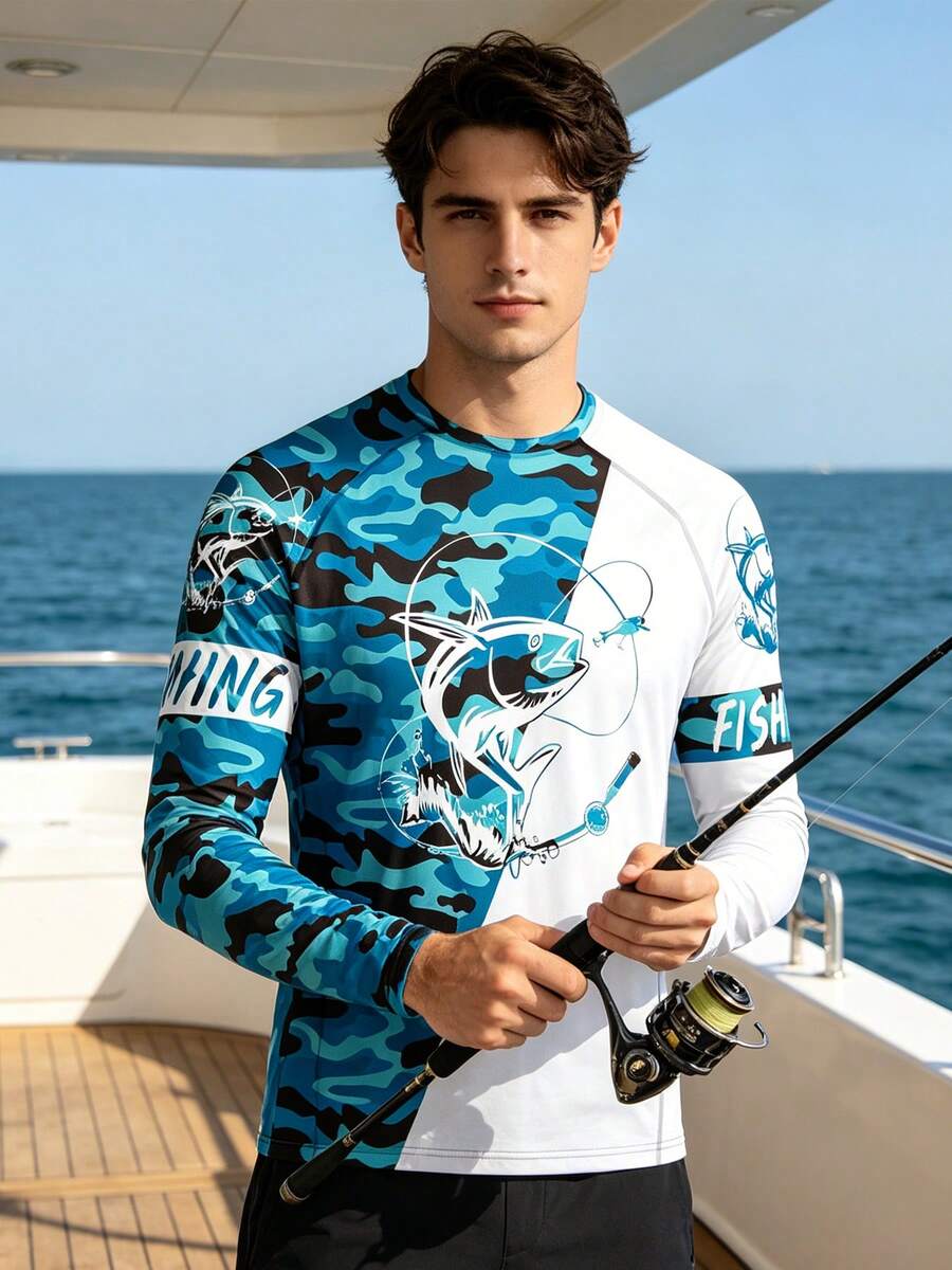 钓鱼连帽衫、航海衬衫、男士夏季长袖狩猎衬衫、高性能钓鱼装备、沙滩上衣、登山服、春季钓鱼服 - 寶藍色 - 查看 1