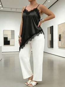 Plus Size Women's Lace Trim V-Neck Sleeveless Camisole, Stretch Satin Asymmetric Hem Cami Tank Top, Sexy Multi-Layer Blouse Suitable For Office, Dates, Daily Wear (YY1277) Casual Black Summer - Black - View 4