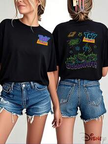Women's Casual Disney Toy Story Crew Neck Cotton Short Sleeve T-Shirt, Men's Sizes Suitable For The Whole Family - 黑色 - 查看 1