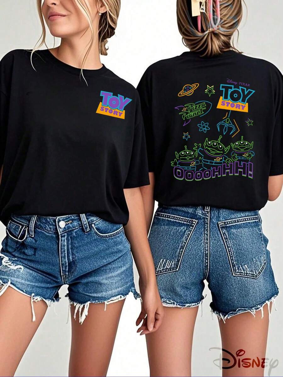 Women's Casual Disney Toy Story Crew Neck Cotton Short Sleeve T-Shirt, Men's Sizes Suitable For The Whole Family - 黑色 - 查看 1