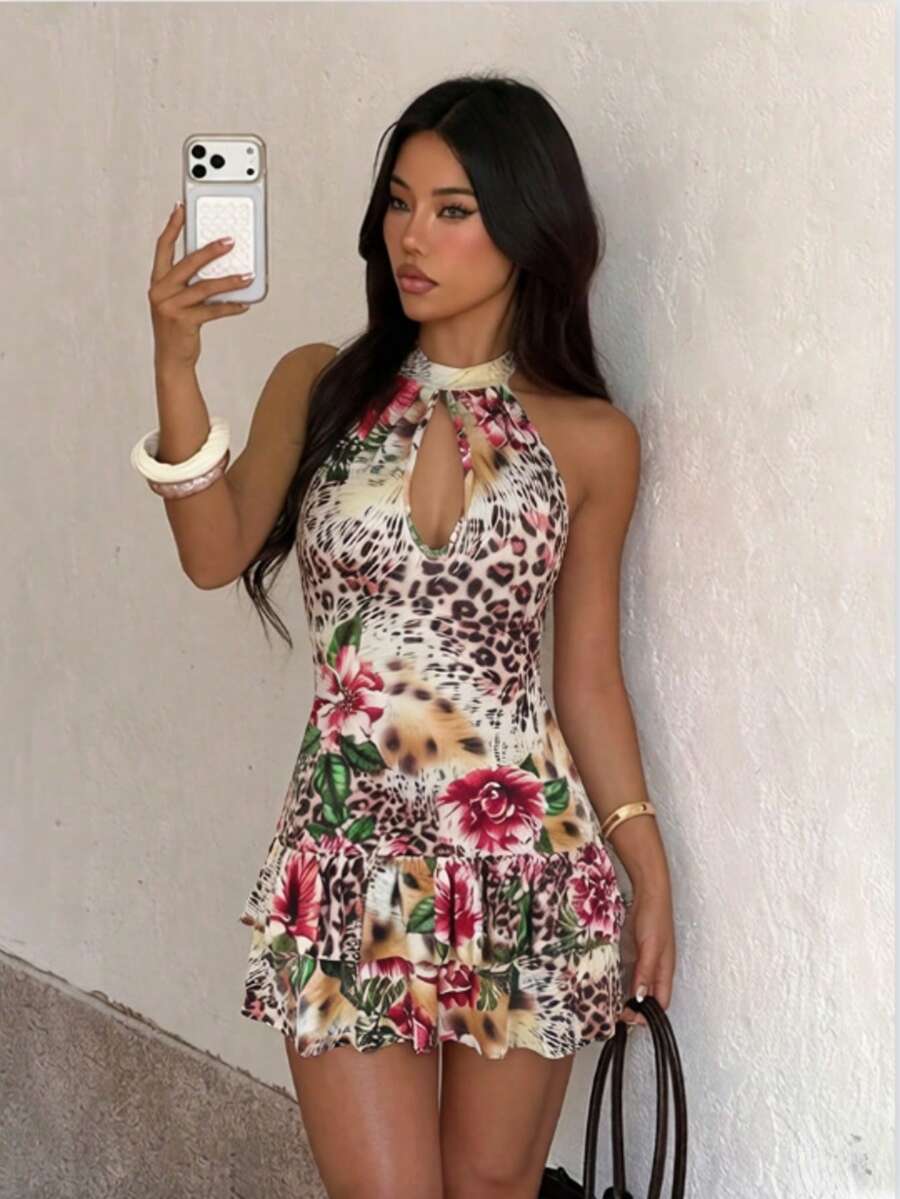 Vestido de verano con volantes y estampado de leopardo sexy, vestido de fiesta, vestido de cóctel - Marrón - Ver 1