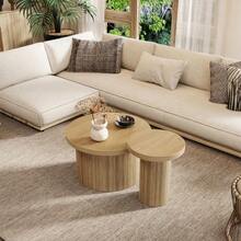 Coffee Table, Double Round Table, Side Table With Natural Wood Slats. Multifunctional Living Room Table - Natural - 查看 7