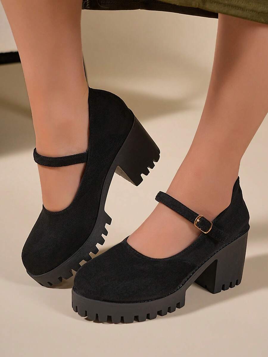 2026 New Black Buckle Strap Thick Sole Mary Jane Shoes, Retro Versatile Thick Heel Low Vamp Shoes, Commuting & Dating Height Increasing Slimming Lolita JK Uniform Shoes, Quality Material Comfortable Wear, Non-Slip Durable Rubber Outsole, 7.5CM Height Increase Thick Heel Shoes Suitable For All Seasons - Black - View 1