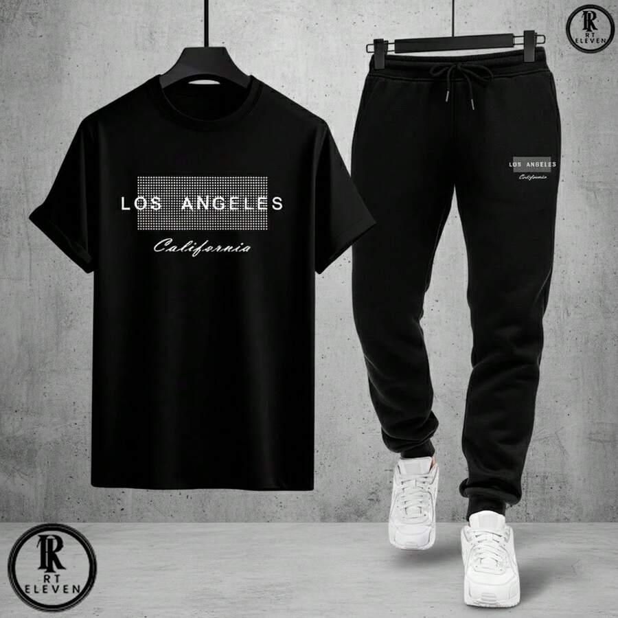Kit Conjunto Los Angeles Camiseta e Calça moletom Moda masculina camiseta casual Malha Algodão + calça Moletom Com bolso - Camiseta Preta Calça Preta - Visão 1