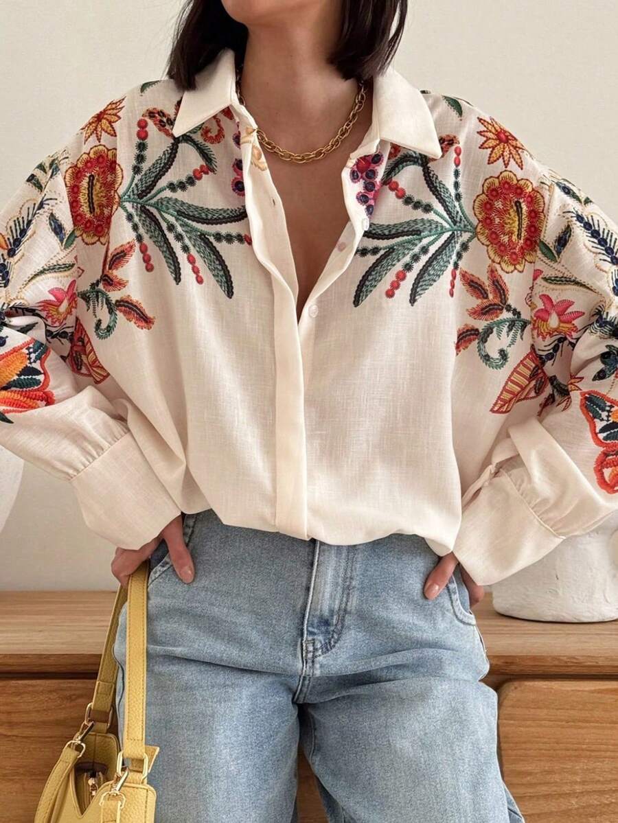 1pc Women's Spring Summer Autumn Casual Loose Vintage Fashion Elegant 3D Positioned Floral Print Oversized Drop Shoulder Long Sleeve Blouse White - White - View 1