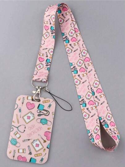 1pc Pink Doctor/Nurse Pill Design Lanyard Card Holder, Keychain Hard ID Case, Back To School