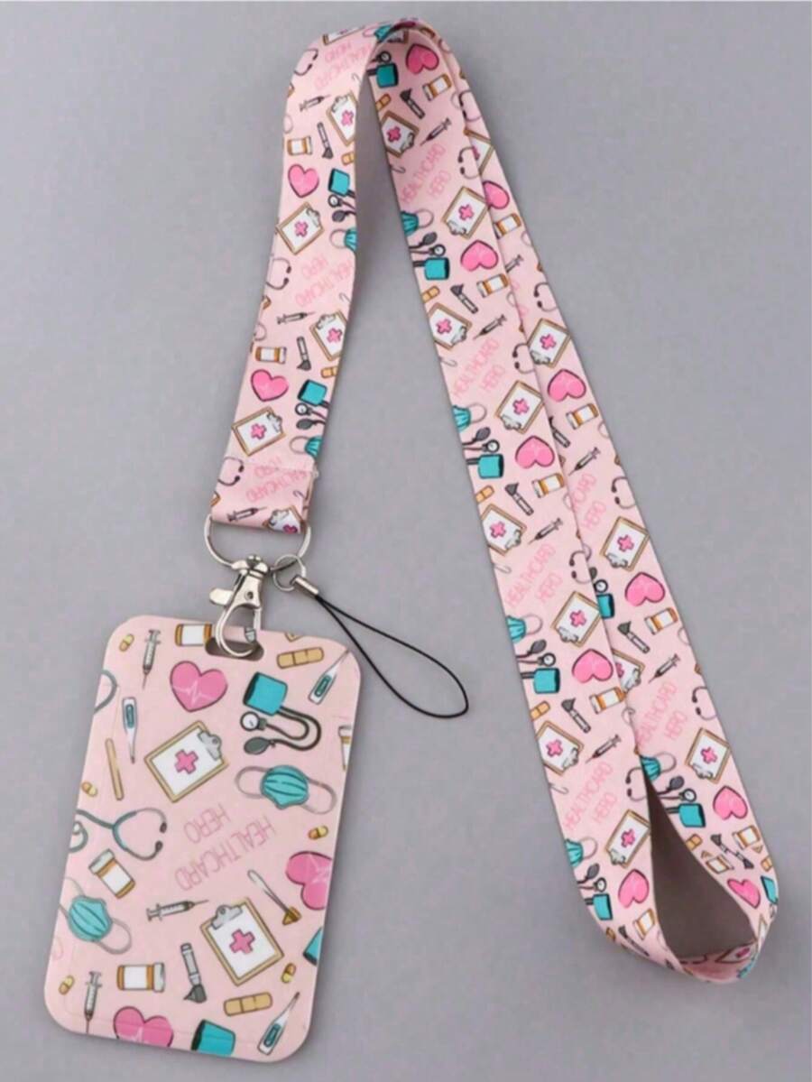 1pc Pink Doctor/Nurse Pill Design Lanyard Card Holder, Keychain Hard ID Case, Back To School - Card Sleeve - View 1