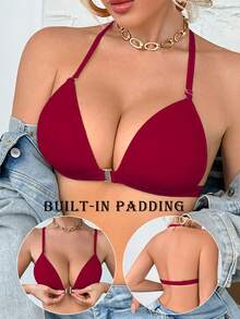 3 PiecesMulti-Color Women Bra Set, Front Closure, Wire-Free, Fixed Pads, Detachable Straps, Halter & Crisscross Back Design, Suitable For A-C Cups - Multicolor - View 5