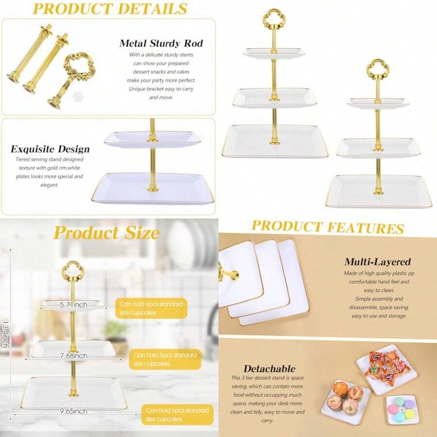 Juego de 2 soportes para cupcakes de 3 niveles soporte de plástico escalonado con borde dorado bandeja de torre de postre para fiestas de té baby shower y boda cuadrado - blanco - Ver 1
