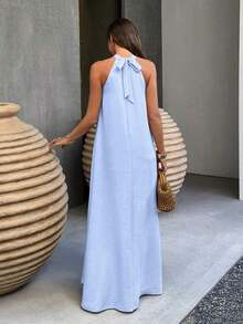 Vestido bohemio de estilo vintage con espalda abierta y línea A, bajo oversize, elegante color amarillo mostaza, adecuado para el Día de San Valentín, la playa, las vacaciones - Azul cielo - Ver 4