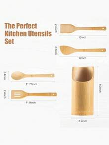 Set de Utensilios de Cocina de Bambú con Base Organizadora | 5 Piezas Resistentes y Elegantes - Camel - Ver 2