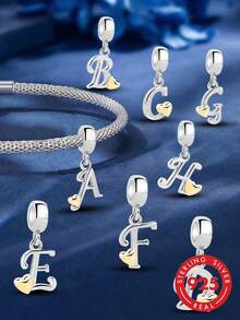 1 pieza Colgante con letra A-Z de plata de ley 925, adecuado para pulsera, collar, joyería DIY y regalo para mujer - Plateado - Ver 1