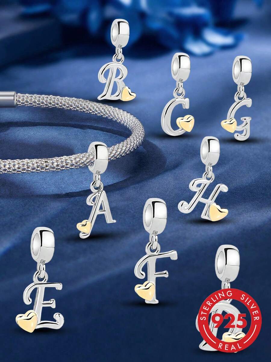 1 pieza Colgante con letra A-Z de plata de ley 925, adecuado para pulsera, collar, joyería DIY y regalo para mujer - Plateado - Ver 1