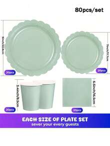 Bộ 80 món, tông màu xanh lá cây nhạt, bao gồm đĩa giấy 7 inch, khay giấy 9 inch, cốc 9 ounce và khăn ăn. Thích hợp cho đám cưới, tiệc tùng, trang trí tiệc, các buổi họp mặt hàng ngày, tiệc sinh nhật, tiệc cưới, câu lạc bộ, tiệc trà, tiệc theo chủ đề. - Xem 10