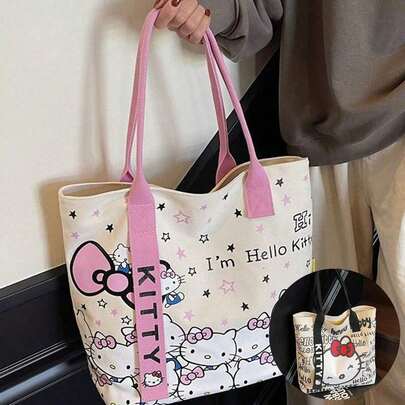 SANRIO Túi tote Hello Kitty cỡ lớn - Túi đeo vai bằng vải canvas dễ thương phù hợp cho nữ, túi mua sắm hoạt hình thời trang, ví đa năng cho người đi làm và các bà mẹ, lựa chọn thay thế balo đi học dễ thương.