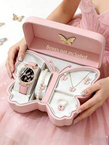 Bộ 6/5 món đồng hồ thạch anh thời trang thanh lịch với thiết kế hình bướm, dây đeo bằng da PU, kèm theo bộ trang sức vòng tay, dây chuyền, nhẫn và bông tai hình bướm đính ngọc trai duyên dáng, thích hợp làm quà tặng sinh nhật/ngày lễ cho bé gái, dự tiệc, kỳ nghỉ, lễ tốt nghiệp, họp mặt gia đình, lễ kỷ niệm, đeo hàng ngày, quà tặng hoàn hảo cho Ngày Valentine/Ngày của Mẹ, quà tặng tốt nghiệp lý tưởng. - Nhiều màu - Xem 2